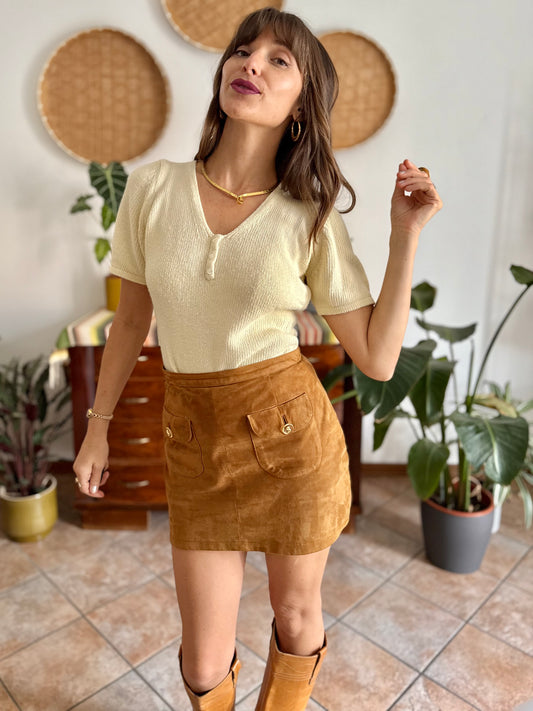 1970's vintage butter yellow knit cotton short sleeve pullover