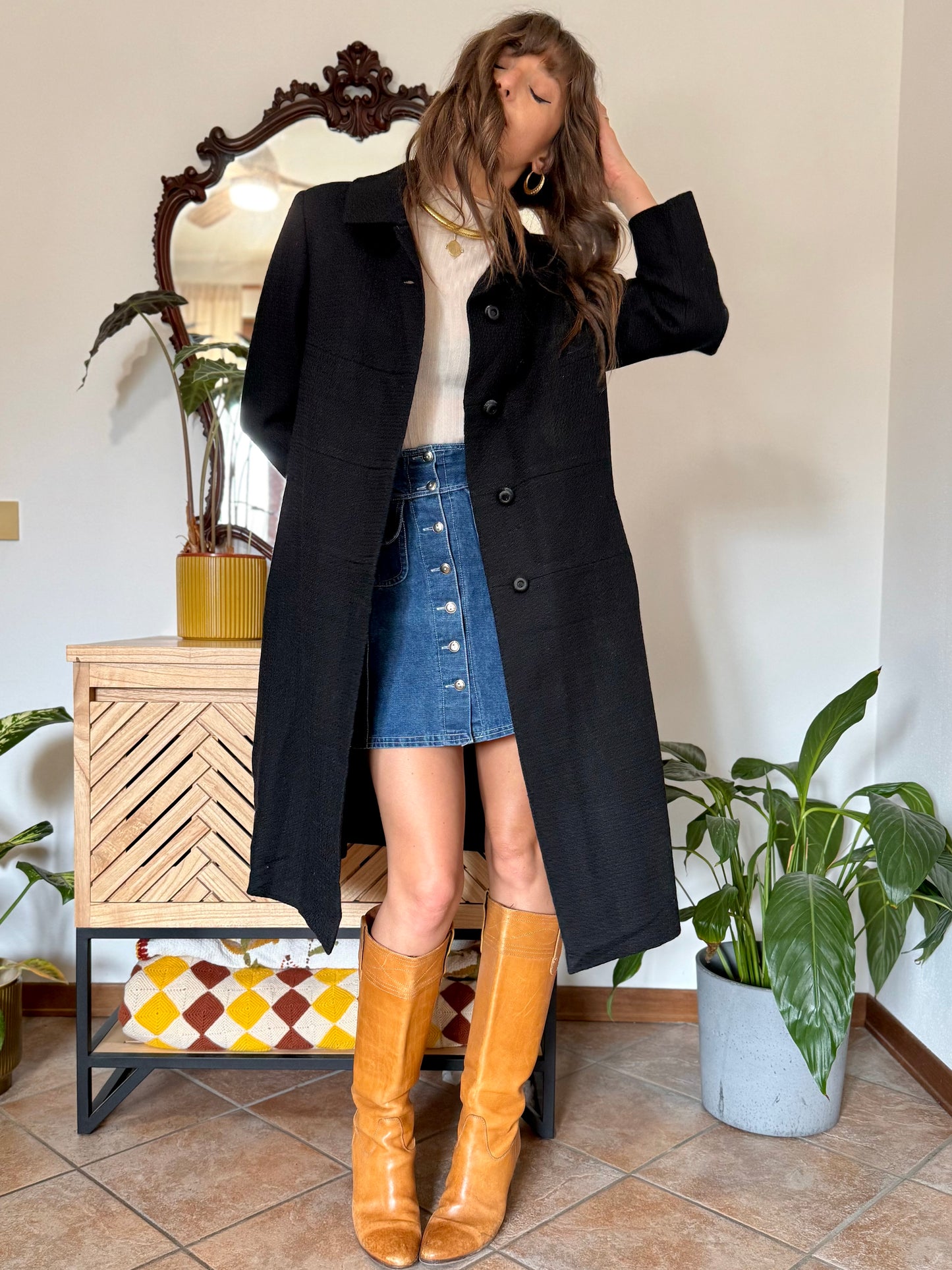 1960's vintage light weight textured black wool coat