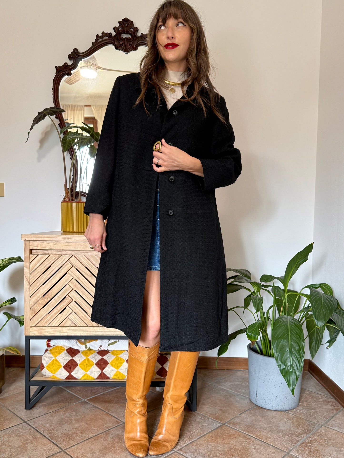 1960's vintage light weight textured black wool coat