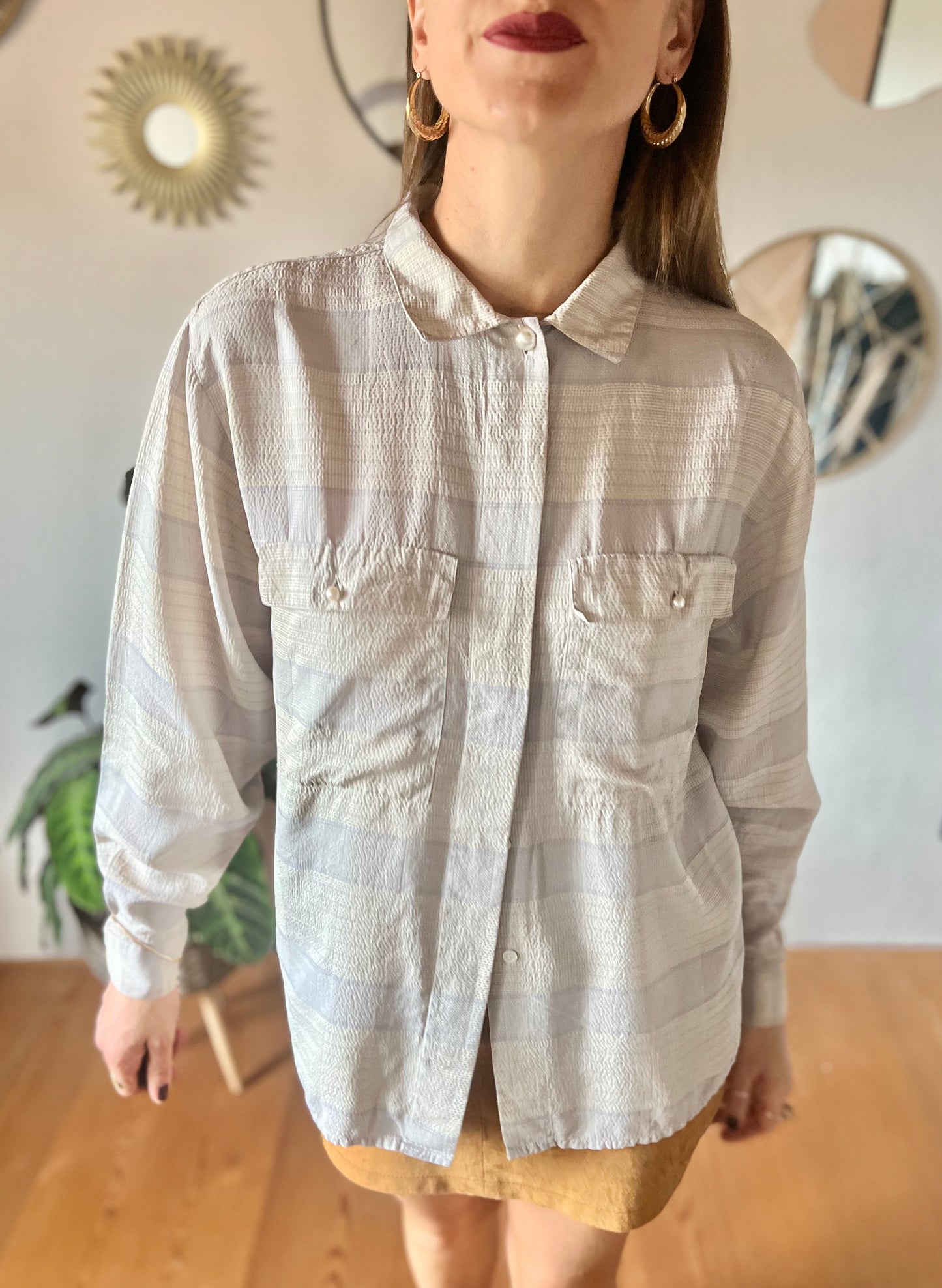 1970's vintage grey and light blue silk plaid blouse