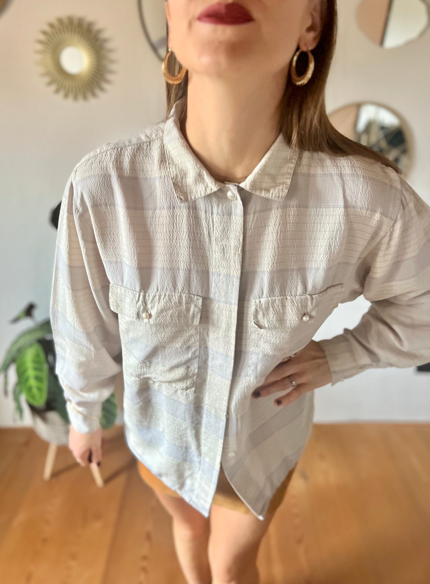 1970's vintage grey and light blue silk plaid blouse