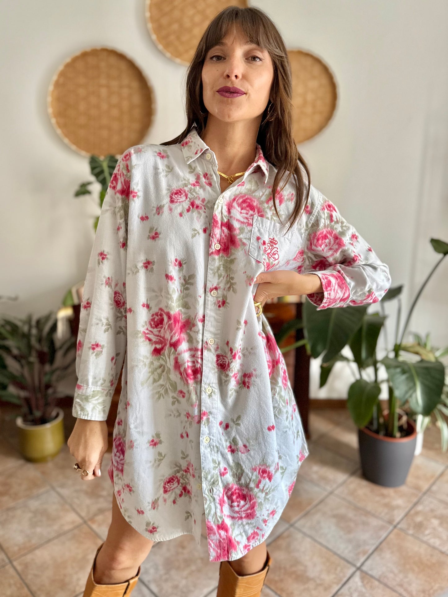 1990's vintage white floral shirt dress with pink and green rose pattern