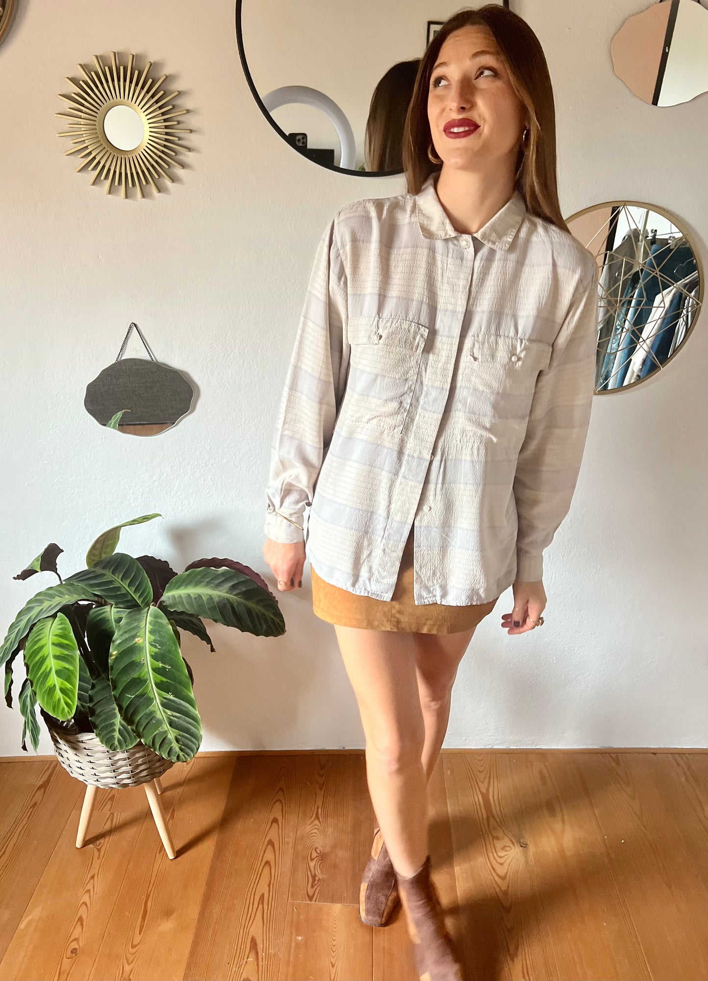 1970's vintage grey and light blue silk plaid blouse