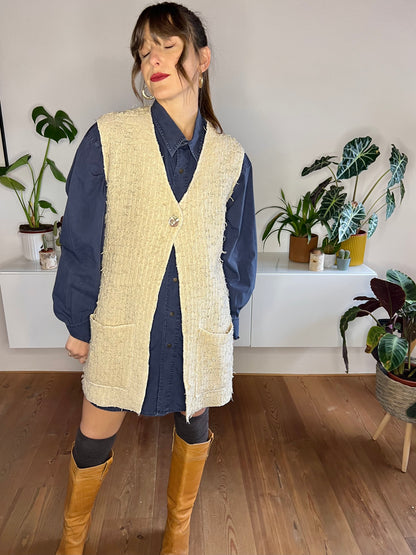 1970's vintage oversize textured knit cream vest with mother of pearl button
