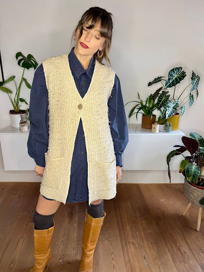 1970's vintage oversize textured knit cream vest with mother of pearl button