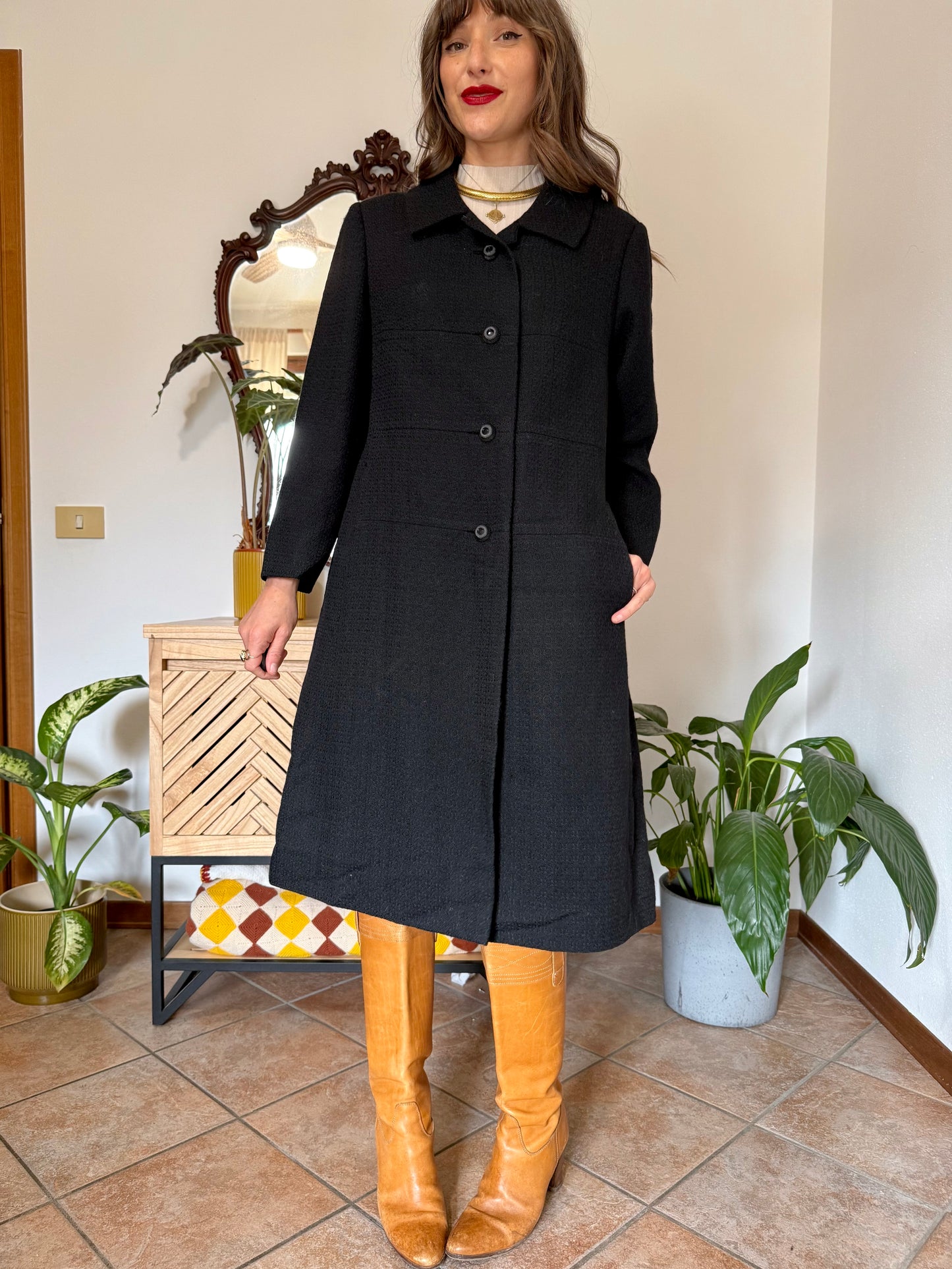 1960's vintage light weight textured black wool coat