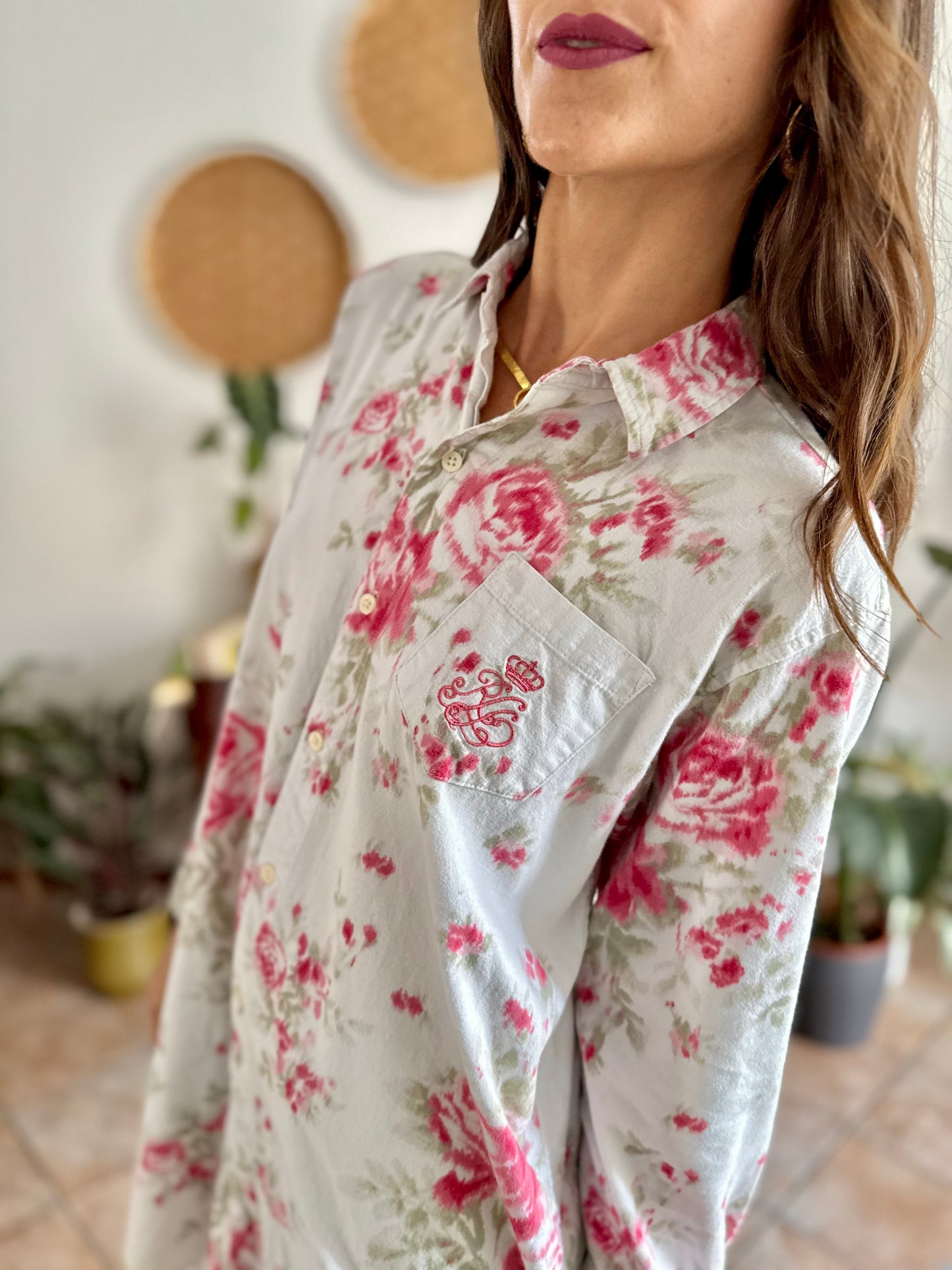 1990's vintage white floral shirt dress with pink and green rose pattern