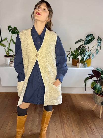 1970's vintage oversize textured knit cream vest with mother of pearl button
