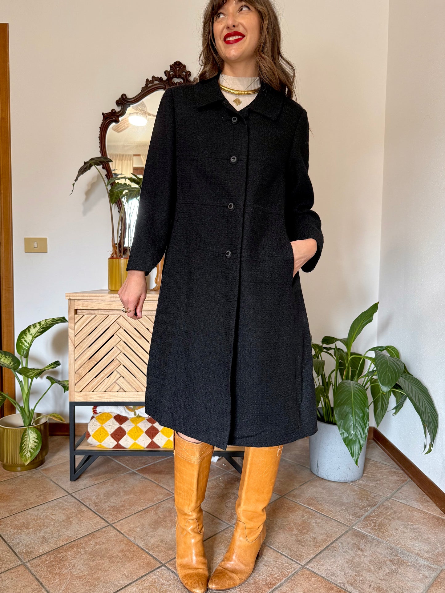 1960's vintage light weight textured black wool coat