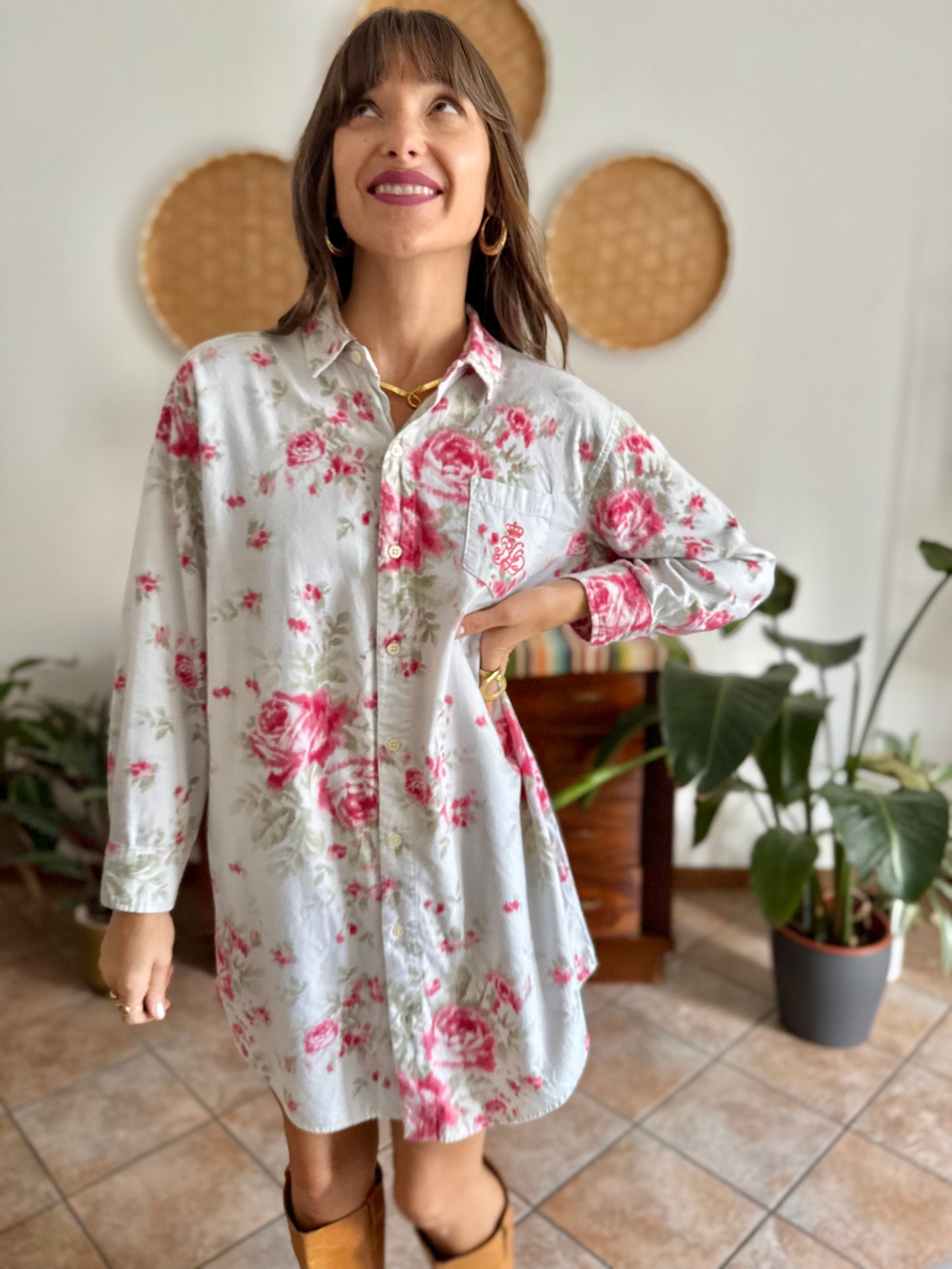 1990's vintage white floral shirt dress with pink and green rose pattern