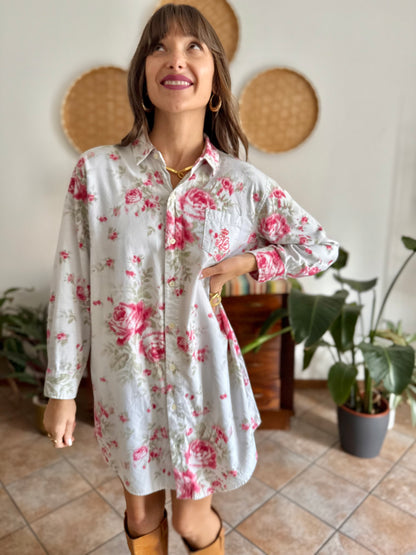 1990's vintage white floral shirt dress with pink and green rose pattern