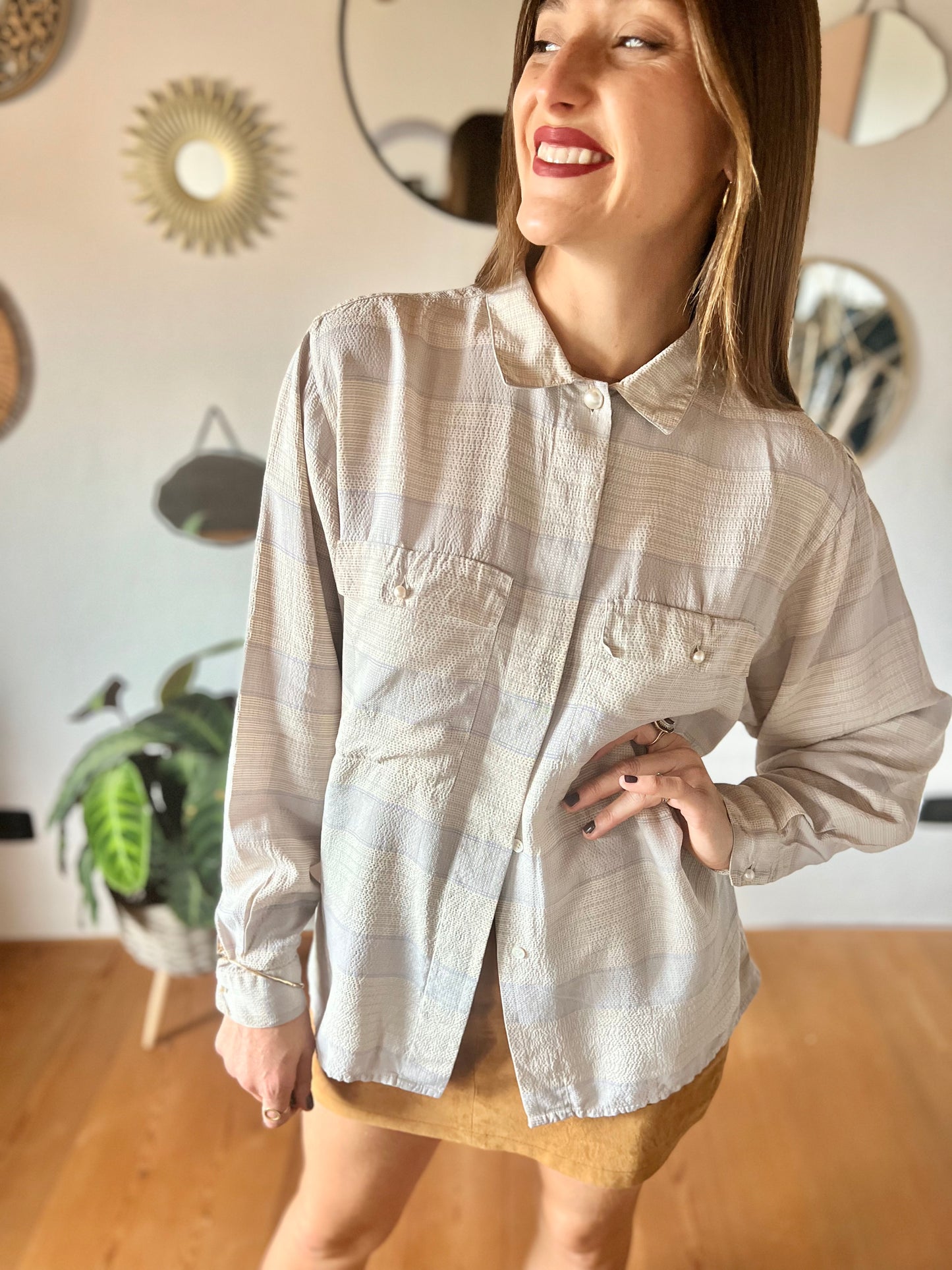 1970's vintage grey and light blue silk plaid blouse