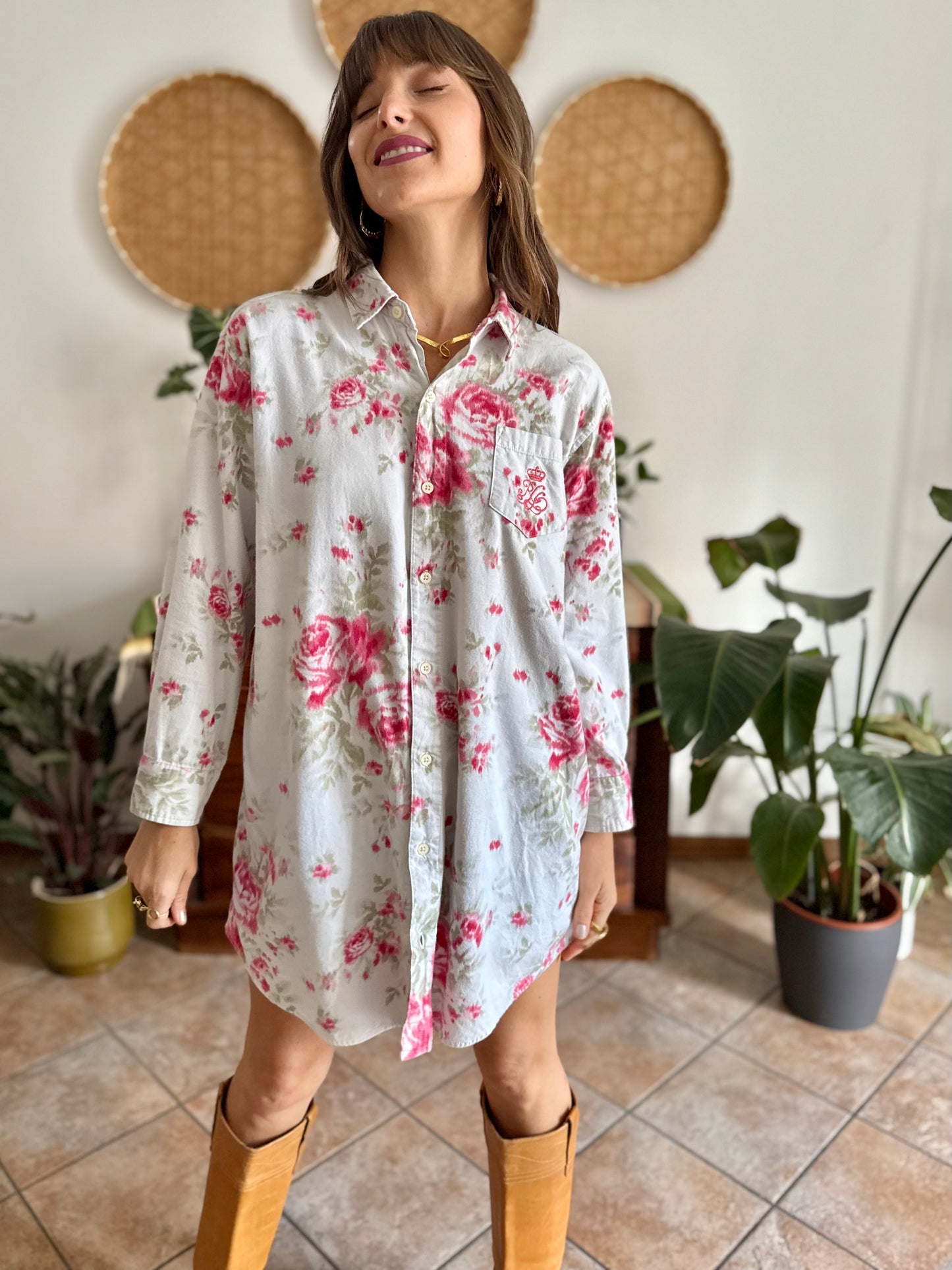 1990's vintage white floral shirt dress with pink and green rose pattern