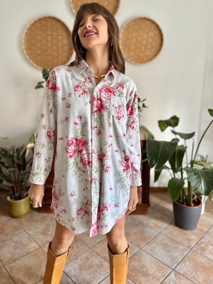 1990's vintage white floral shirt dress with pink and green rose pattern