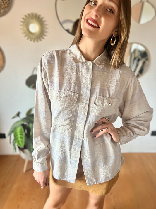 1970's vintage grey and light blue silk plaid blouse