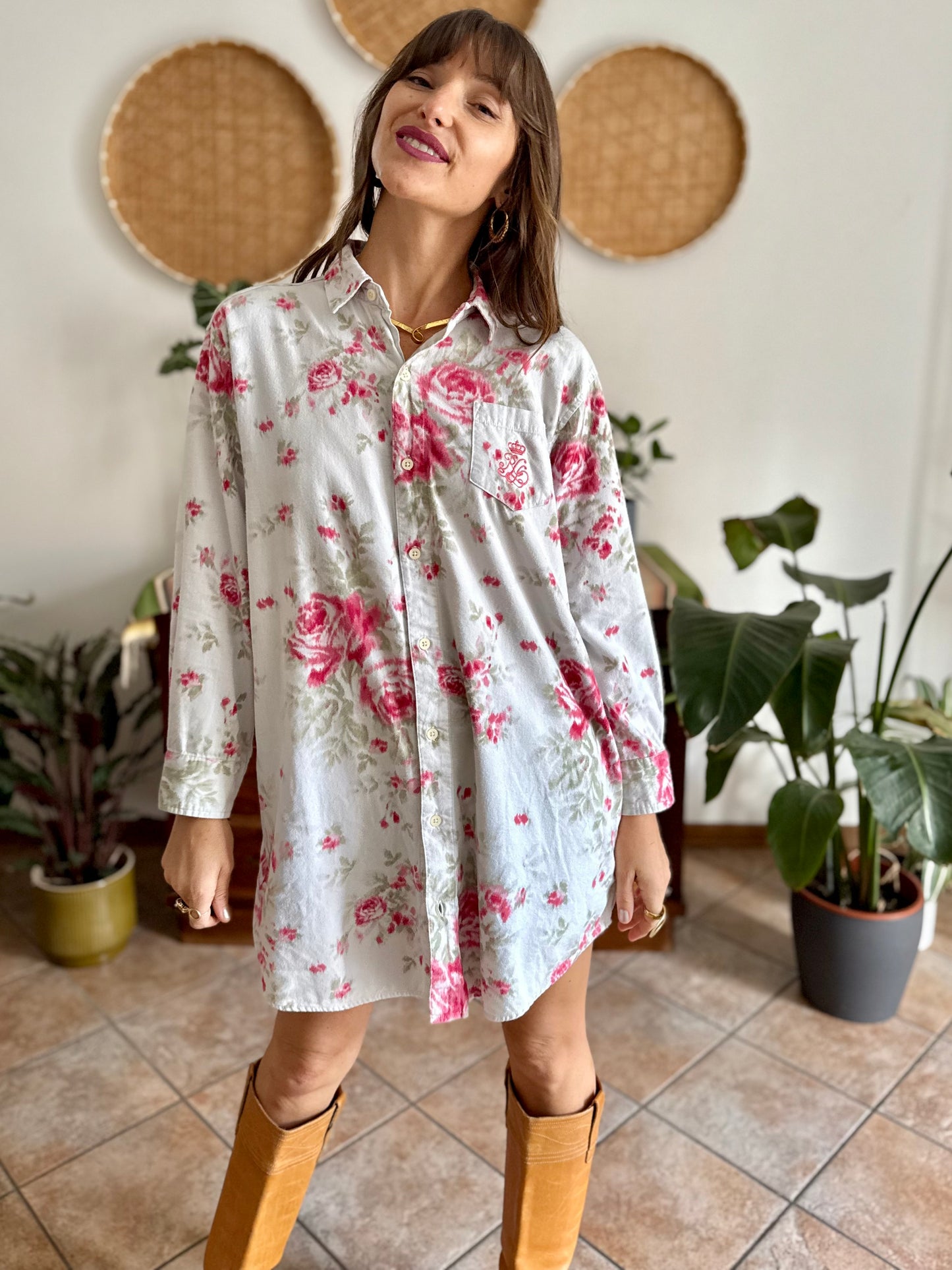 1990's vintage white floral shirt dress with pink and green rose pattern