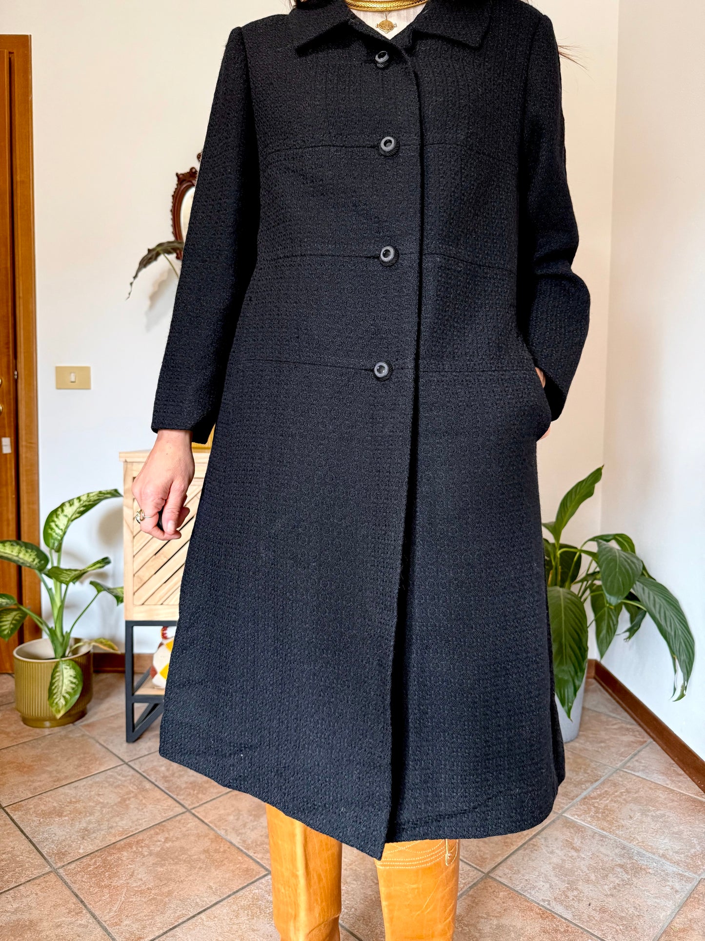1960's vintage light weight textured black wool coat