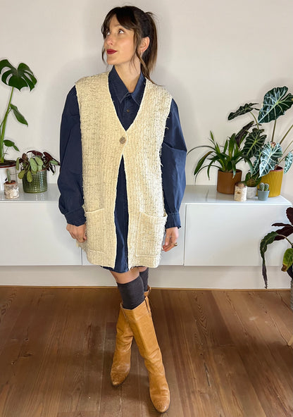 1970's vintage oversize textured knit cream vest with mother of pearl button