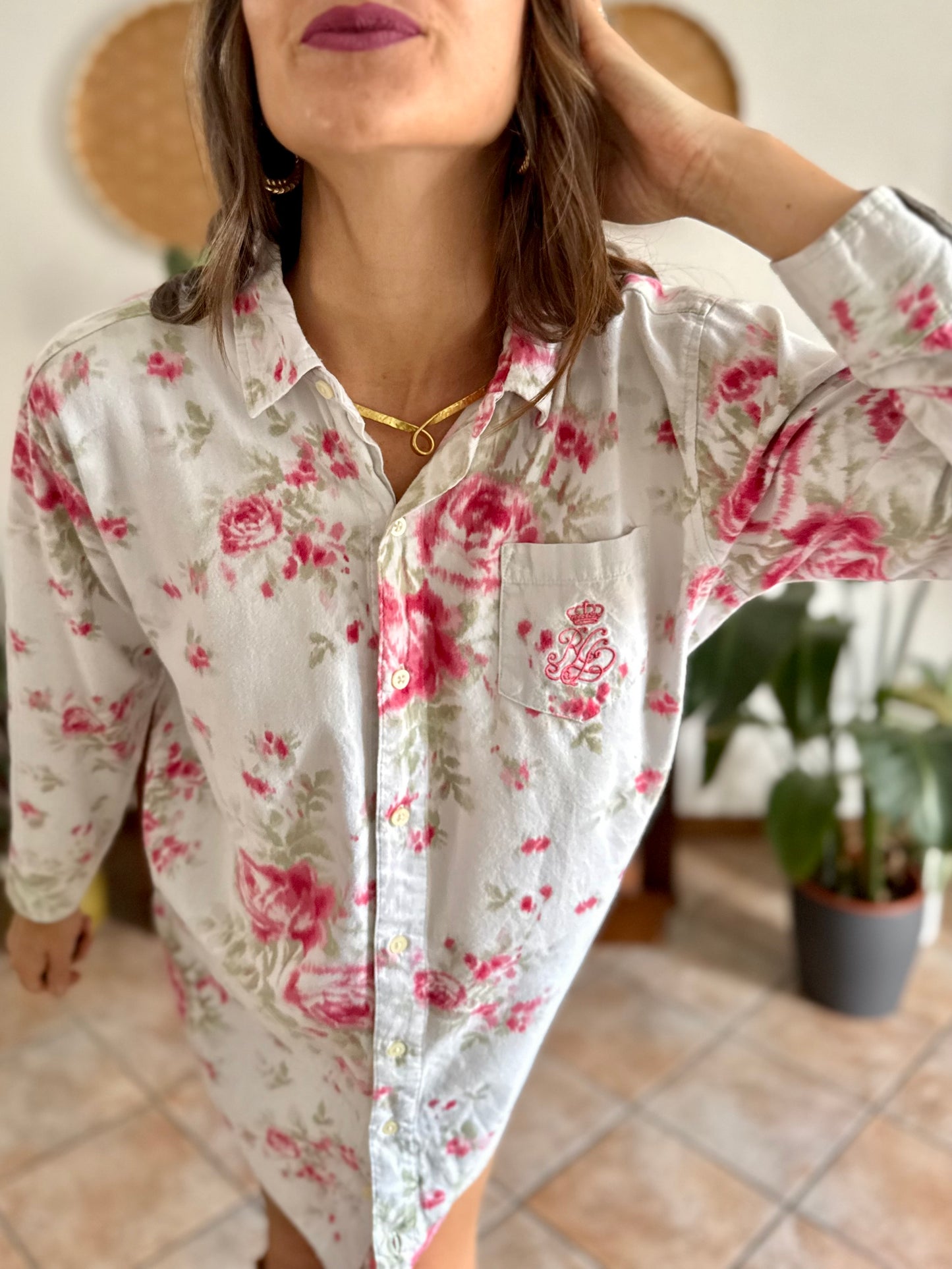 1990's vintage white floral shirt dress with pink and green rose pattern