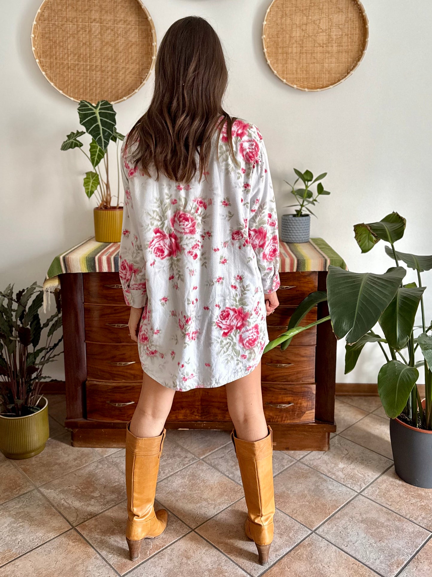 1990's vintage white floral shirt dress with pink and green rose pattern