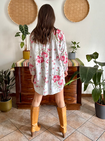 1990's vintage white floral shirt dress with pink and green rose pattern