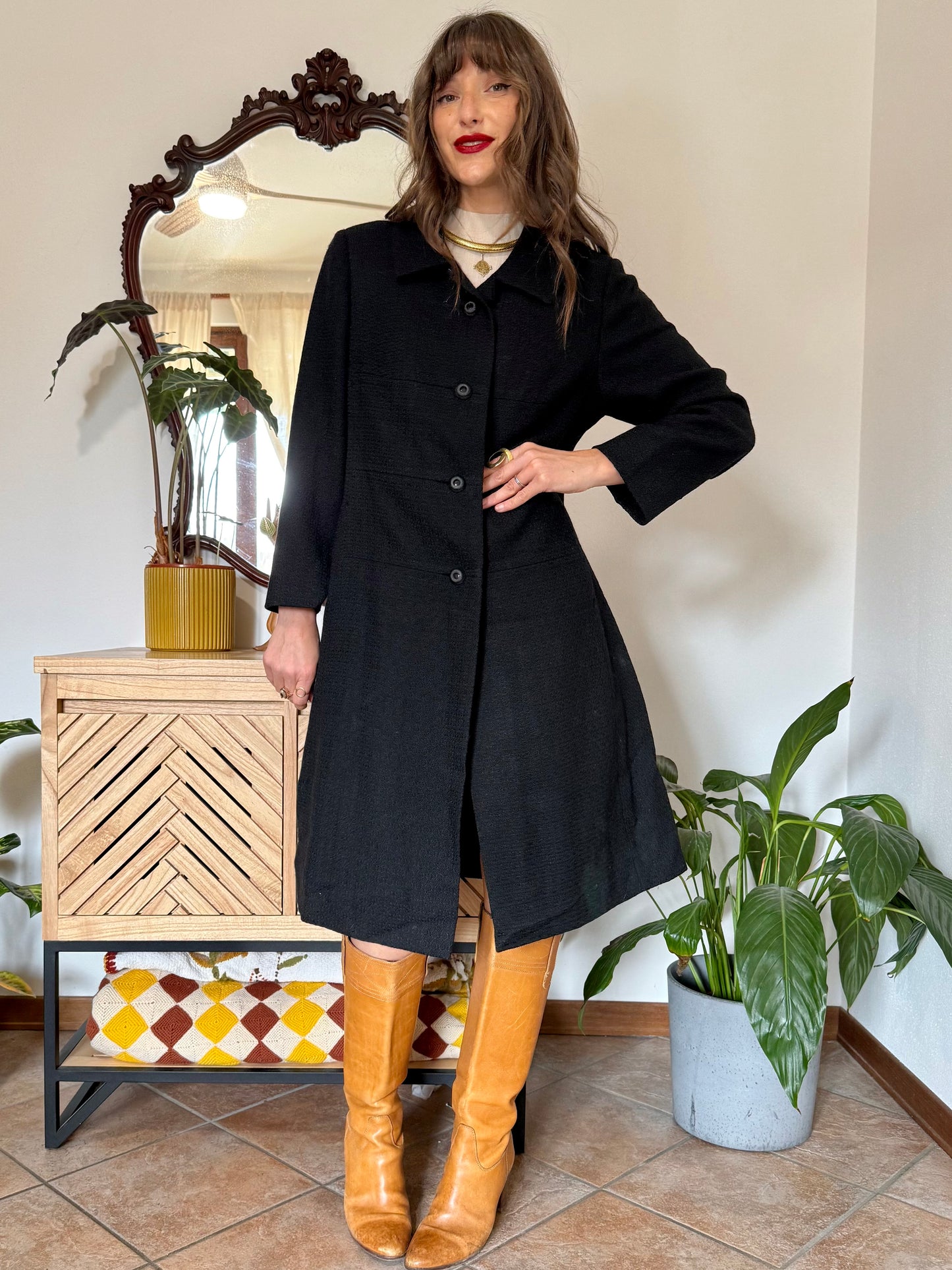 1960's vintage light weight textured black wool coat