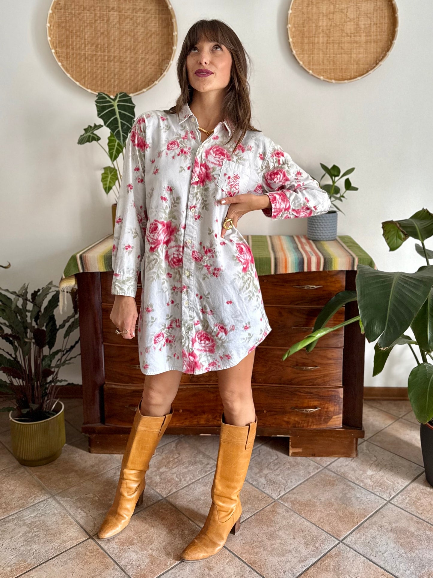 1990's vintage white floral shirt dress with pink and green rose pattern