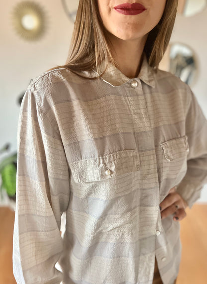 1970's vintage grey and light blue silk plaid blouse