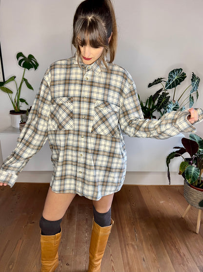 1990's vintage cream, brown and blue oversize plaid flannel shirt