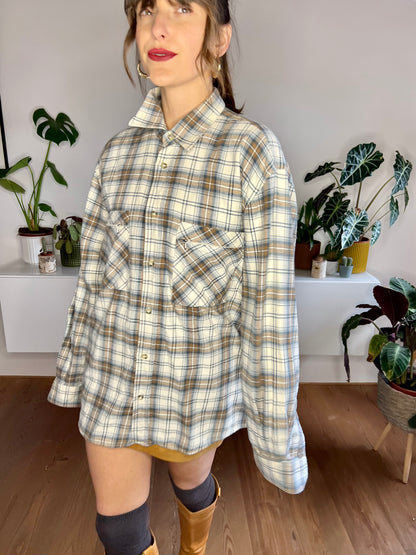 1990's vintage cream, brown and blue oversize plaid flannel shirt