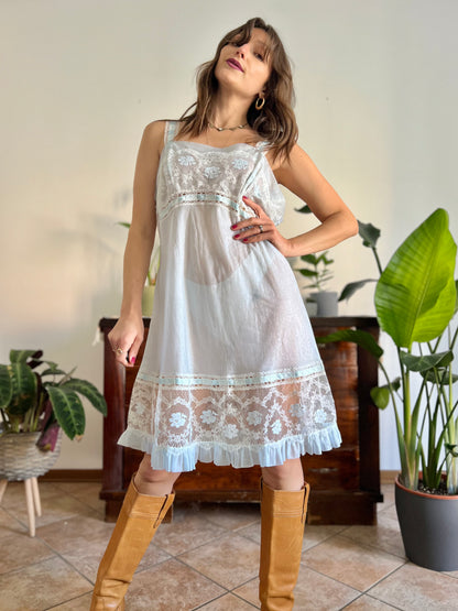 1960's vintage iridescent sheer slip dress with cream lace detailing