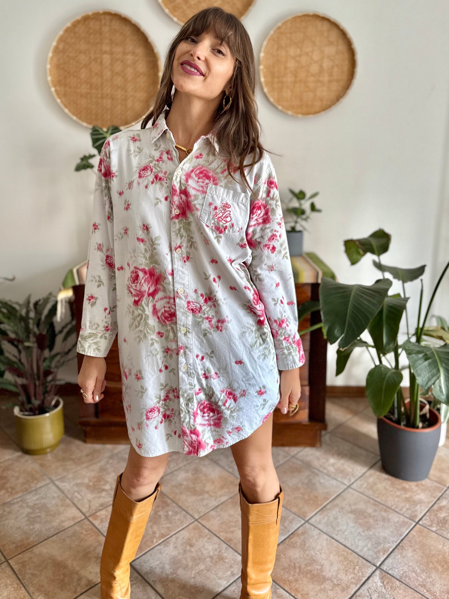 1990's vintage white floral shirt dress with pink and green rose pattern
