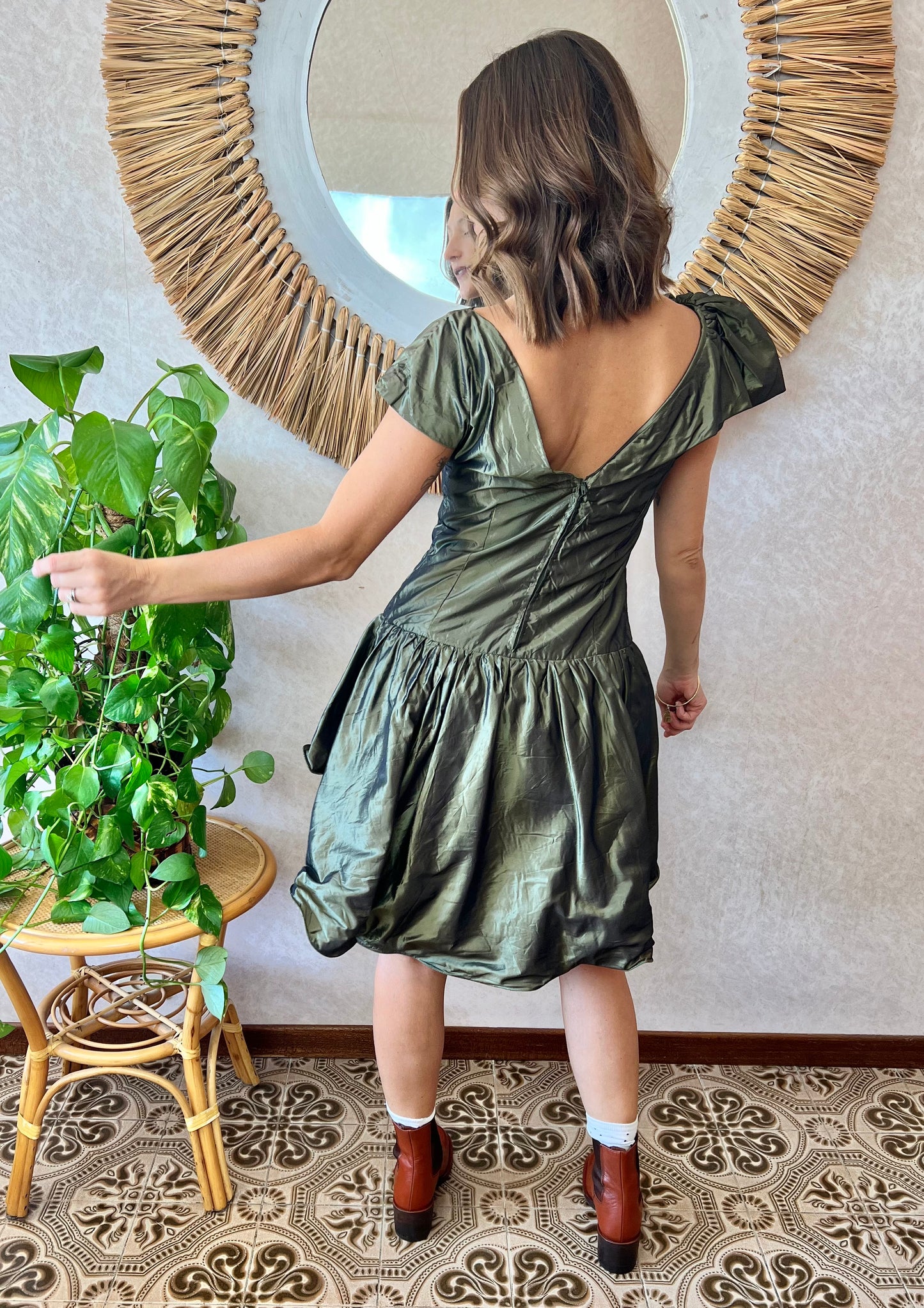 1980's vintage military green silk ruffle dress