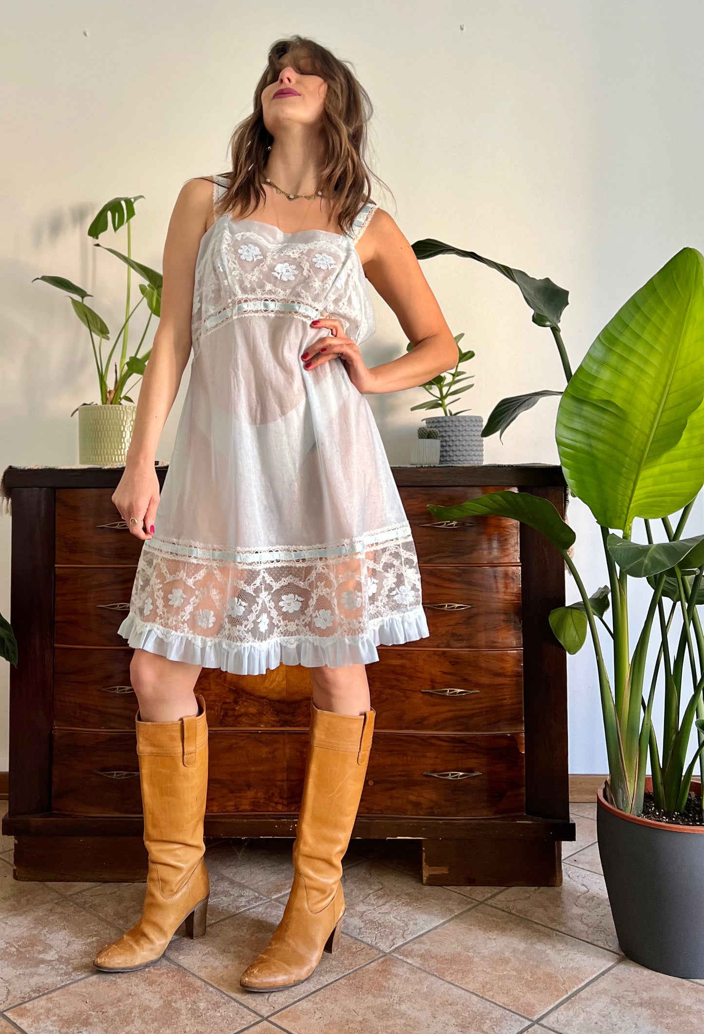 1960's vintage iridescent sheer slip dress with cream lace detailing