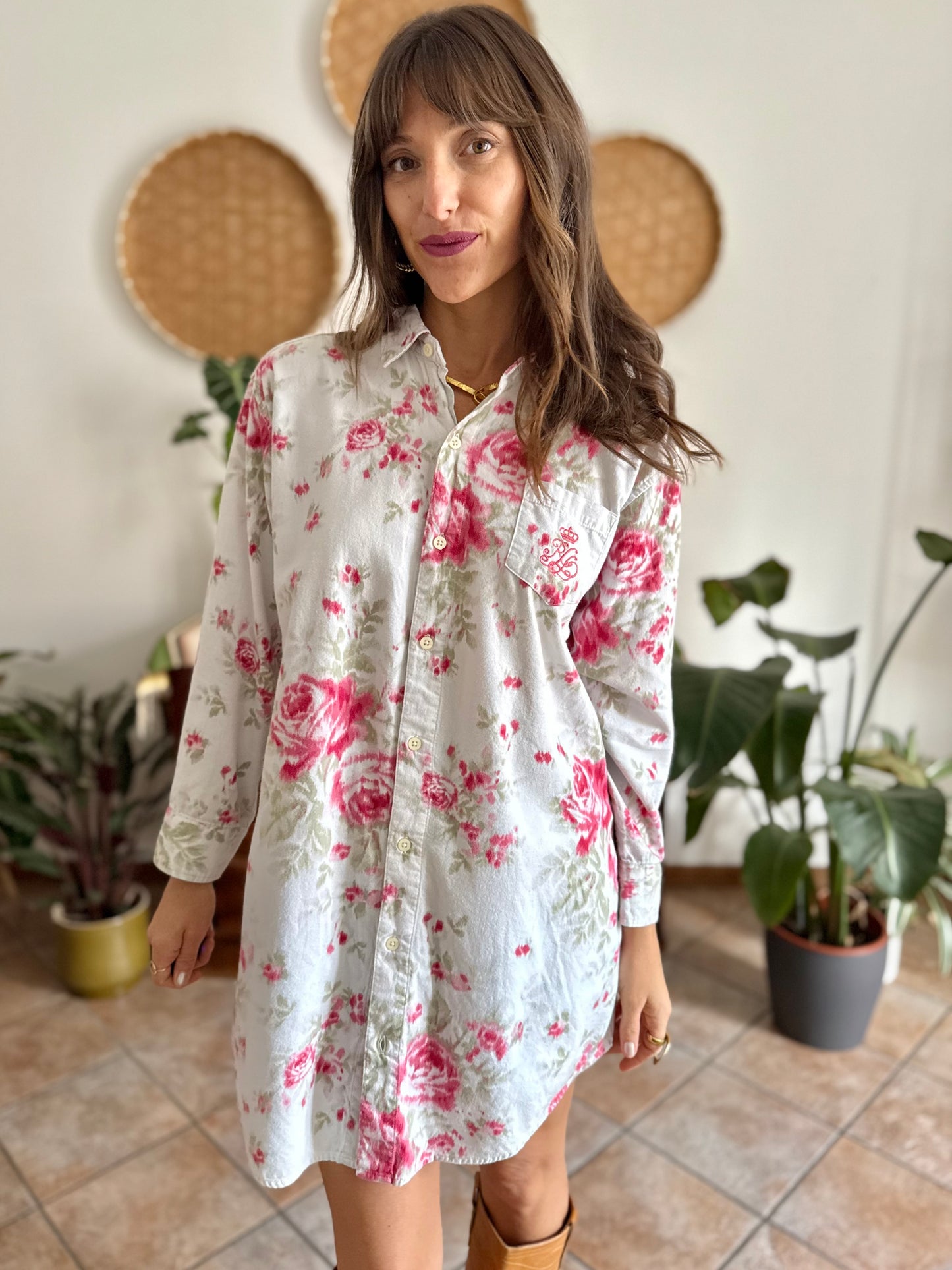 1990's vintage white floral shirt dress with pink and green rose pattern