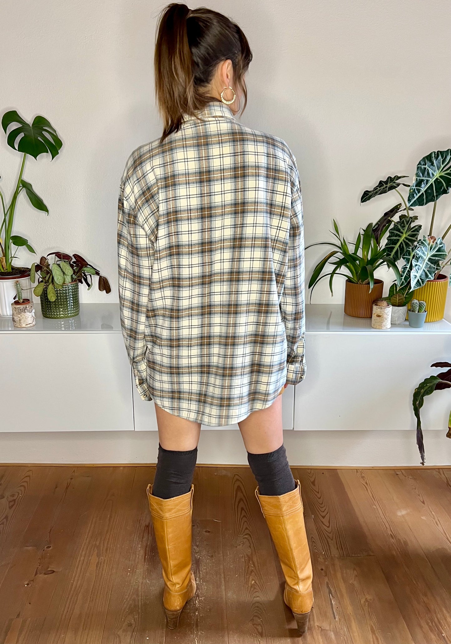 1990's vintage cream, brown and blue oversize plaid flannel shirt