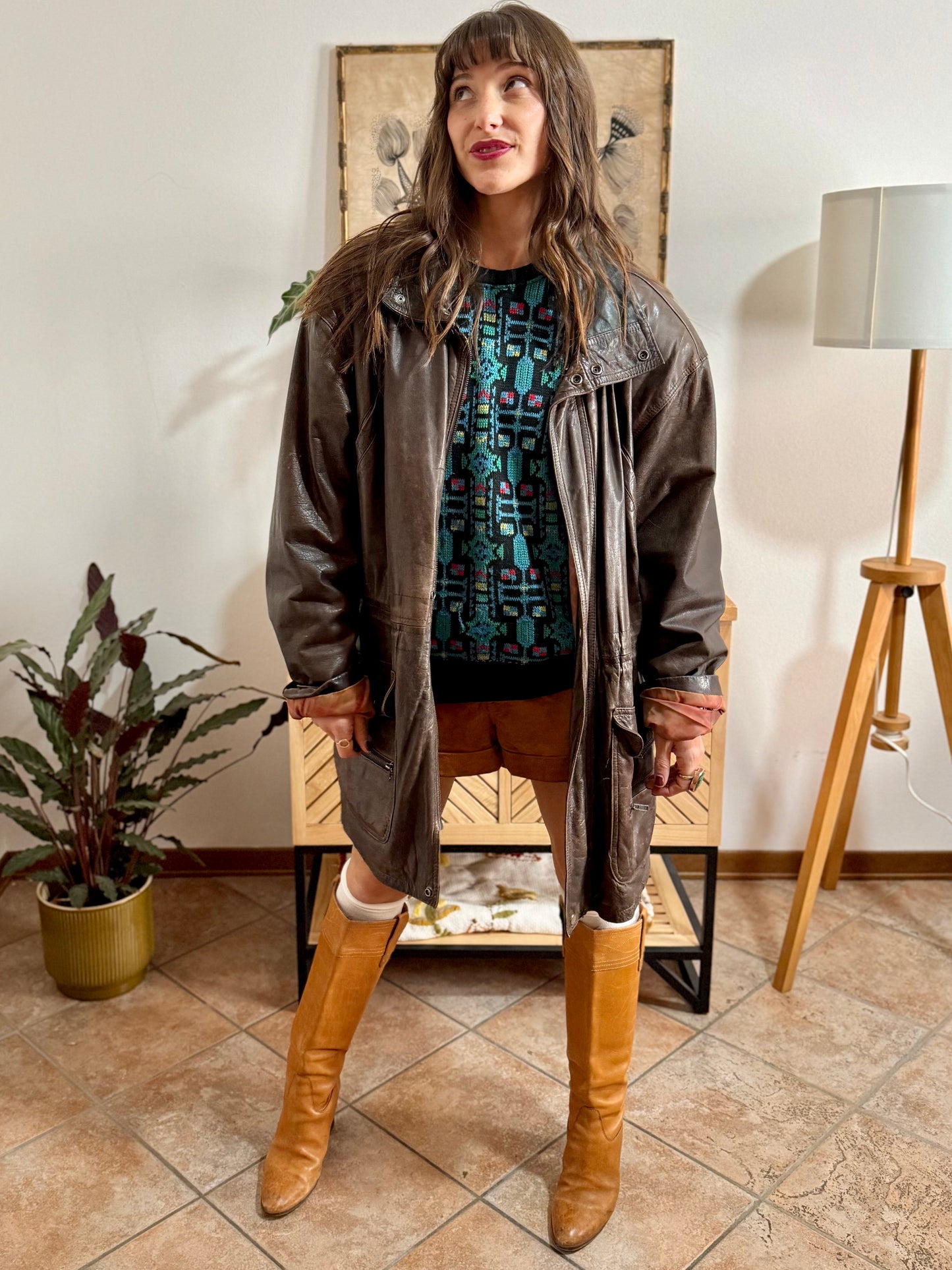 1970's vintage oversize chocolate brown leather coat with black leather details