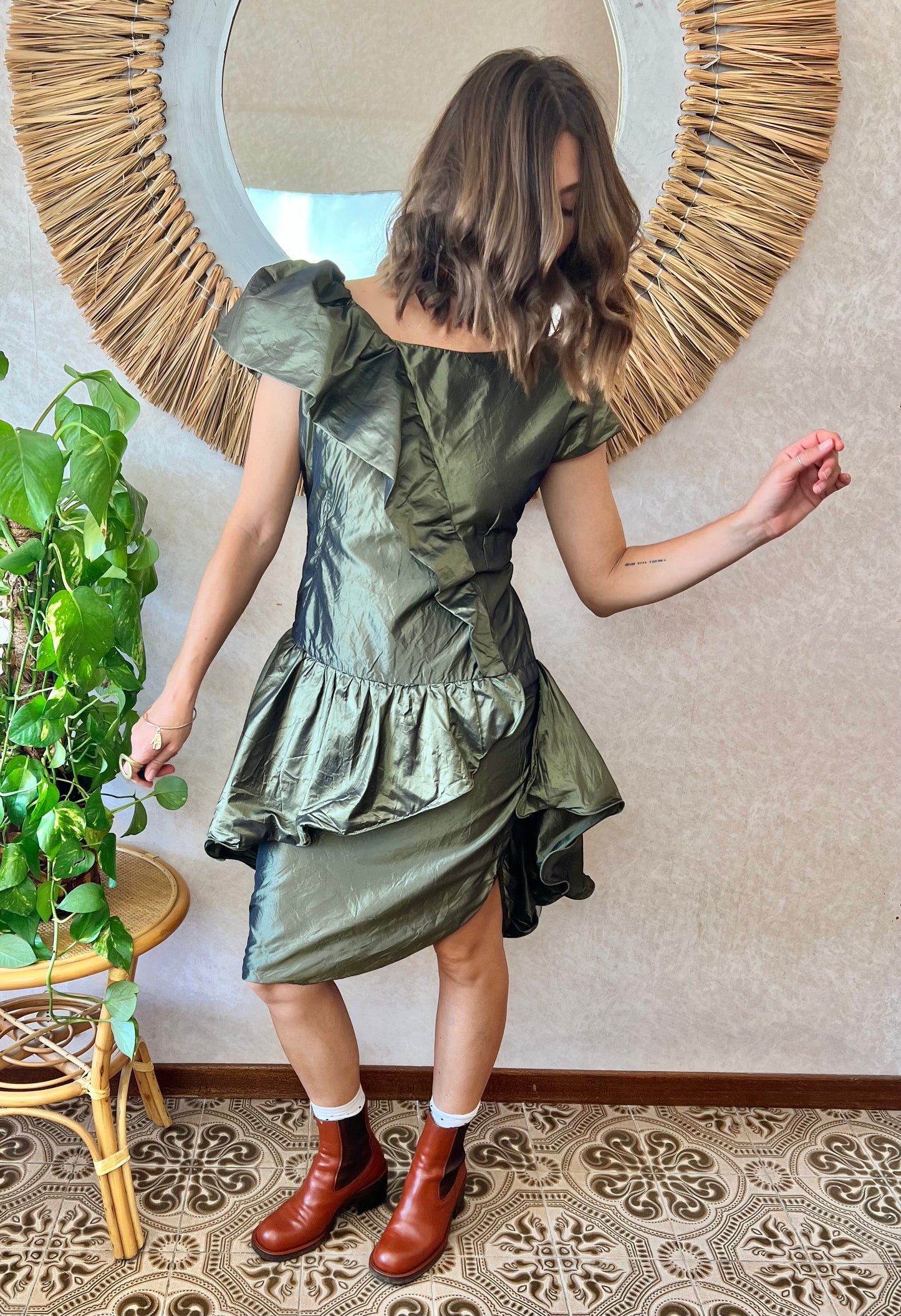 1980's vintage military green silk ruffle dress