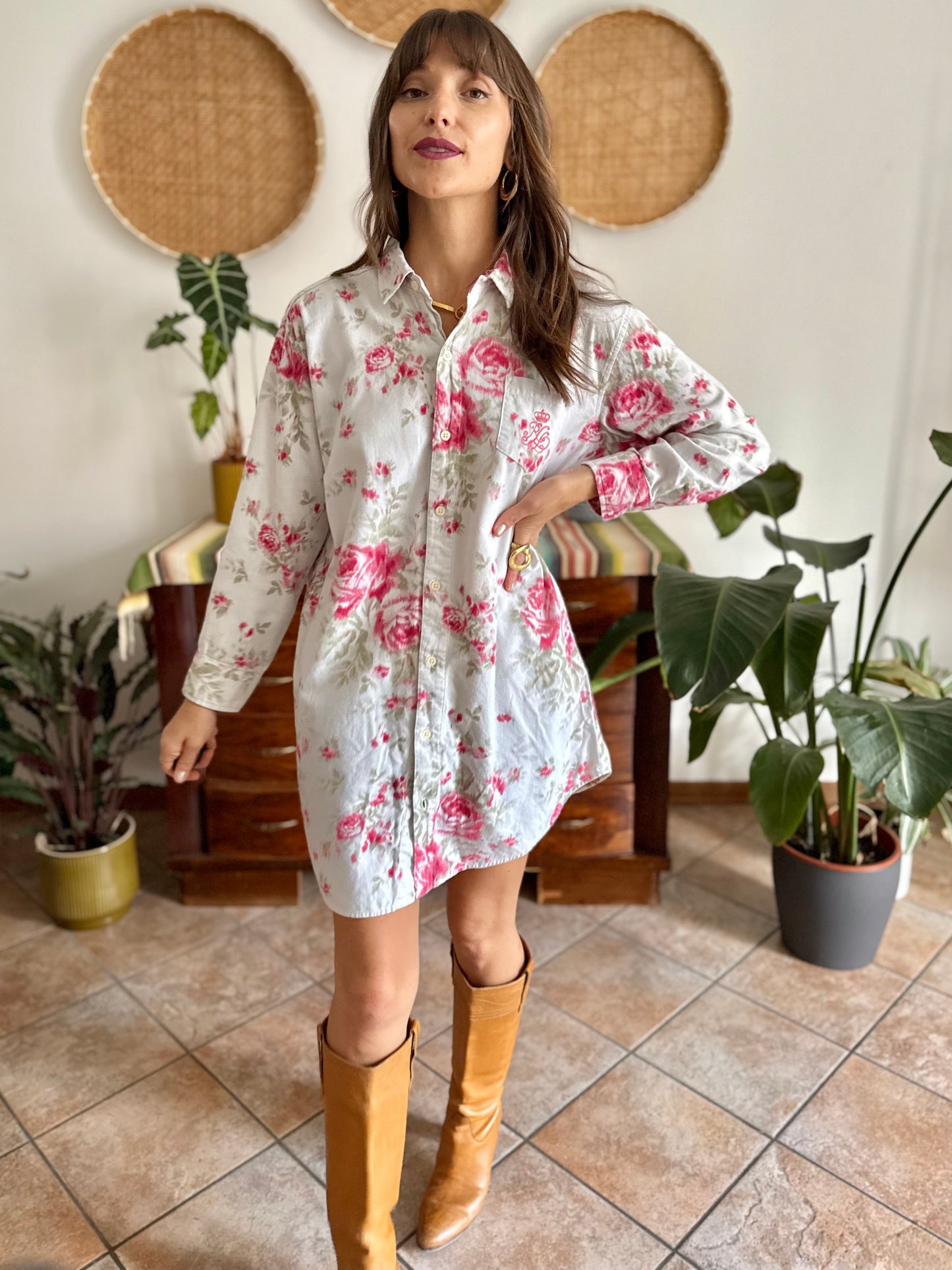 1990's vintage white floral shirt dress with pink and green rose pattern