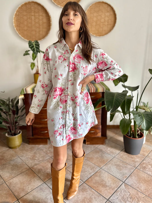 1990's vintage white floral shirt dress with pink and green rose pattern