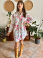 1990's vintage white floral shirt dress with pink and green rose pattern