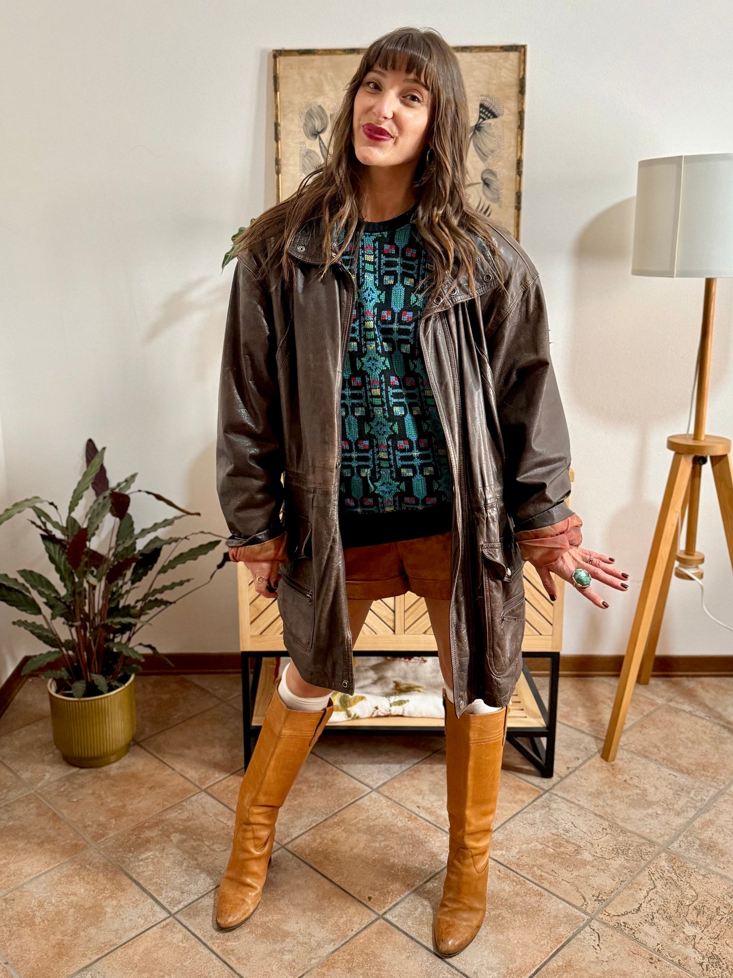 1970's vintage oversize chocolate brown leather coat with black leather details