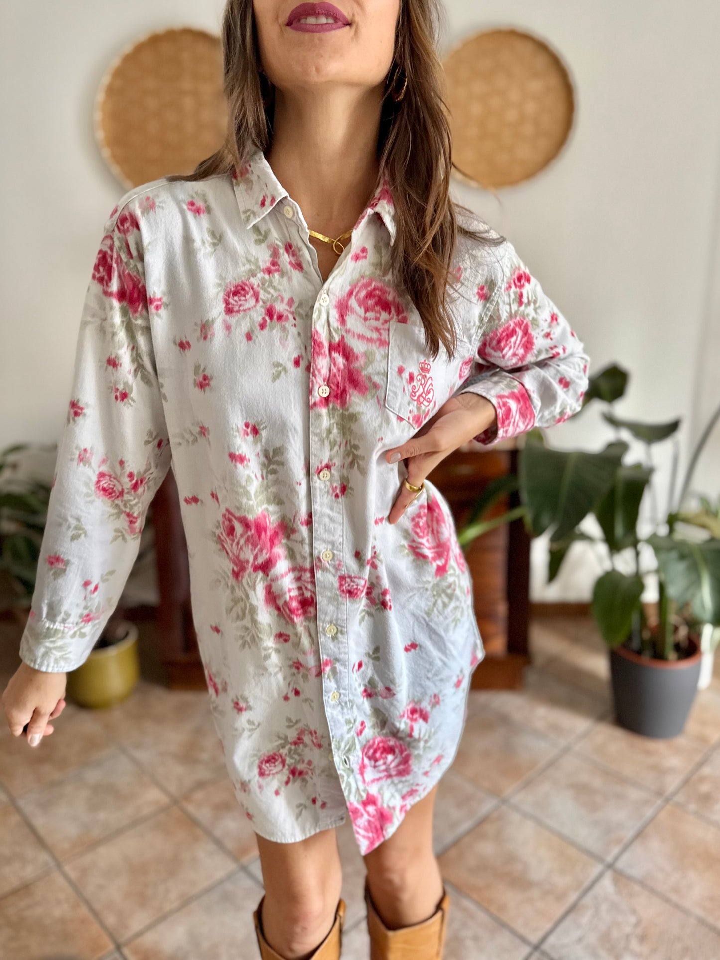 1990's vintage white floral shirt dress with pink and green rose pattern