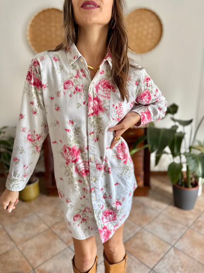 1990's vintage white floral shirt dress with pink and green rose pattern