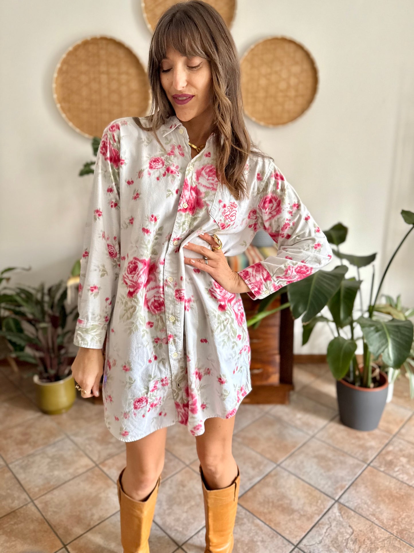 1990's vintage white floral shirt dress with pink and green rose pattern