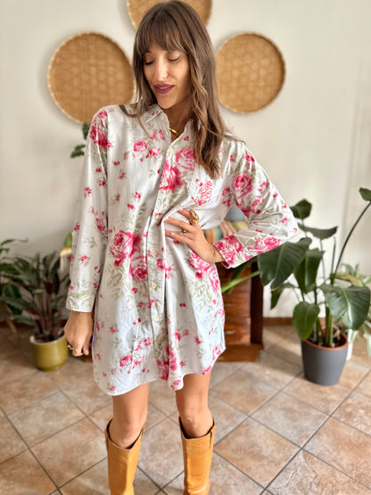 1990's vintage white floral shirt dress with pink and green rose pattern