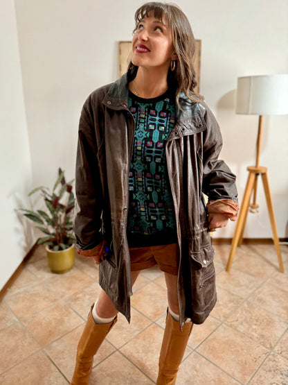 1970's vintage oversize chocolate brown leather coat with black leather details