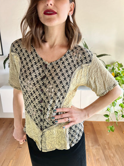 1990's vintage black and beige floral print blouse with sequin details