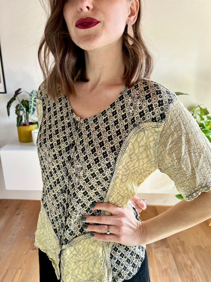 1990's vintage black and beige floral print blouse with sequin details