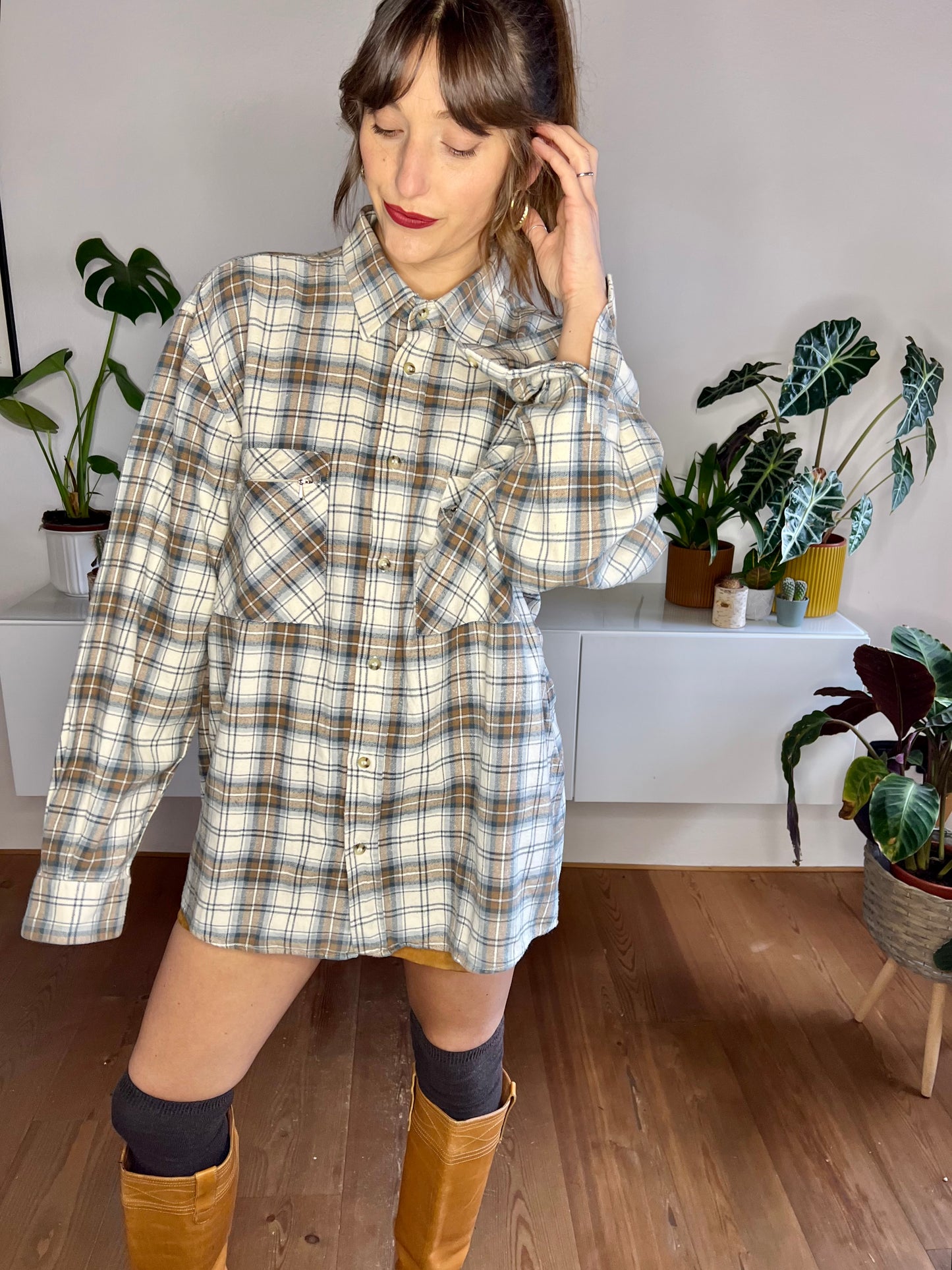 1990's vintage cream, brown and blue oversize plaid flannel shirt